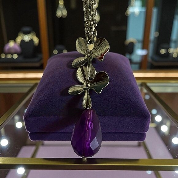 SAQ Silver Tone Floral Necklace with Purple Teardrop Pendant 10” Chain | Early 2 - Picture 3 of 5